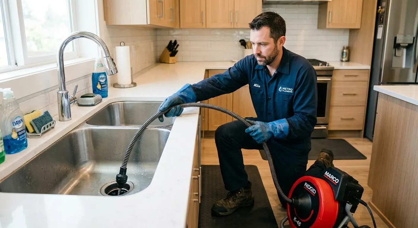 Drain cleaning technician using a motorized snake on a kitchen sink in Edison