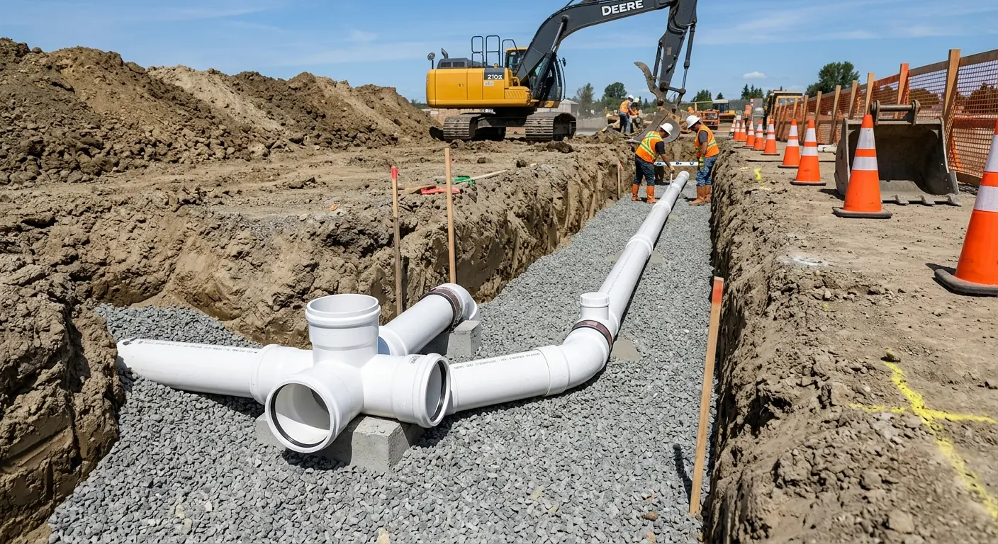 New PVC sewer pipe installation in open trench for Commercial Drain Cleaning in Edison