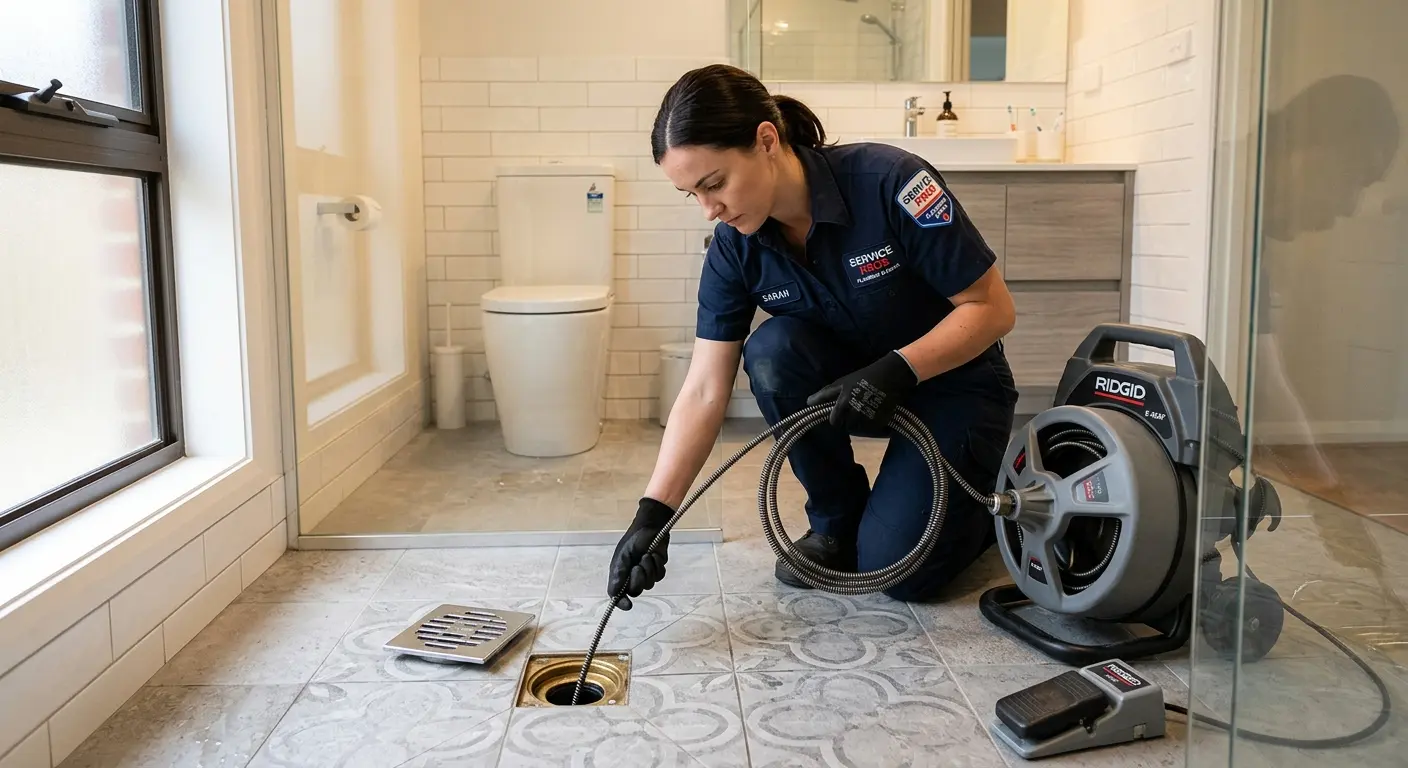 Technician clearing a bathroom floor drain for Clogged Drain Repair in Edison
